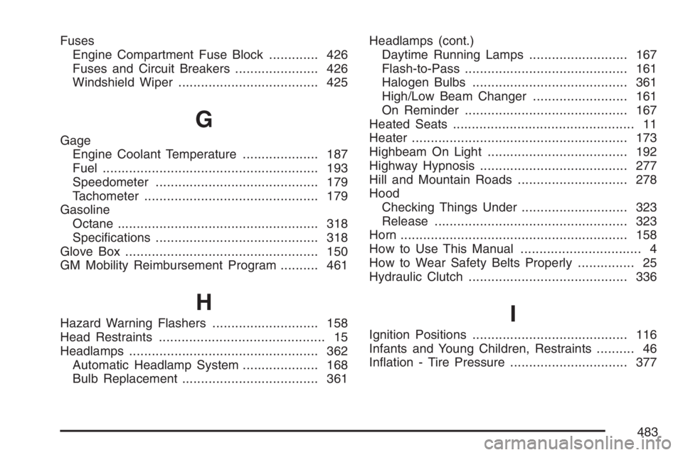 GMC CANYON 2007 Owners Manual Fuses
Engine Compartment Fuse Block............. 426
Fuses and Circuit Breakers...................... 426
Windshield Wiper..................................... 425
G
Gage
Engine Coolant Temperature... GMC CANYON 2007 Owners Manual Fuses
Engine Compartment Fuse Block............. 426
Fuses and Circuit Breakers...................... 426
Windshield Wiper..................................... 425
G
Gage
Engine Coolant Temperature...
