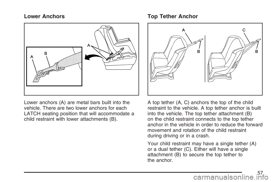 GMC CANYON 2007 Workshop Manual Lower Anchors
Lower anchors (A) are metal bars built into the
vehicle. There are two lower anchors for each
LATCH seating position that will accommodate a
child restraint with lower attachments (B).
T