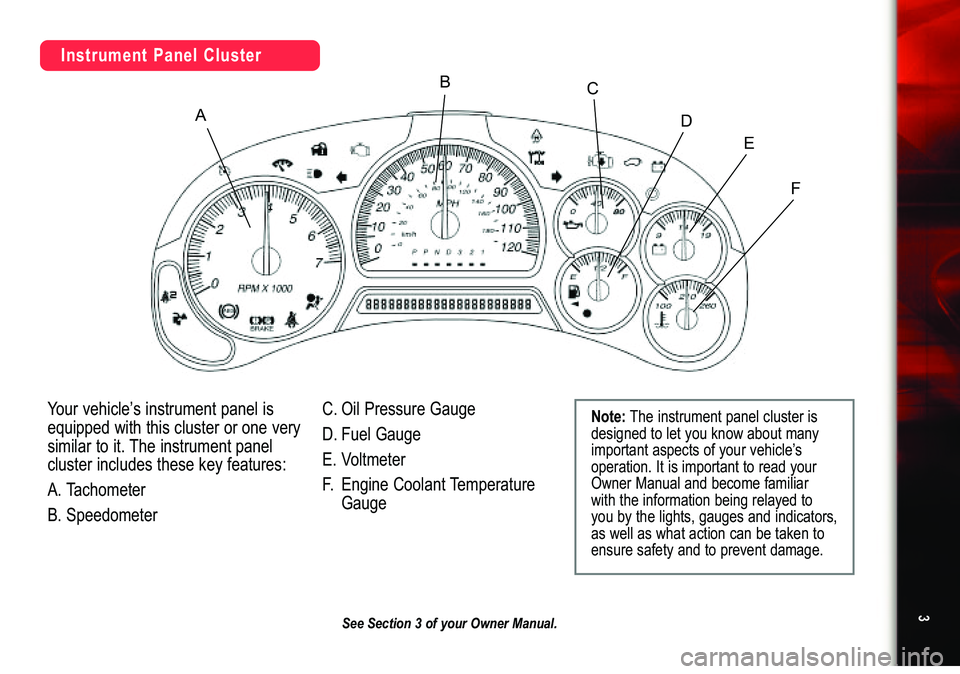 GMC ENVOY 2007  Get To Know Guide 3
See Section 3 of your Owner Manual.
A
B
C
D
E
F
Instrument Panel ClusterYour vehicle’s instrument panel is
equipped with this cluster or one verysimilar to it. The instrument panel
cluster include