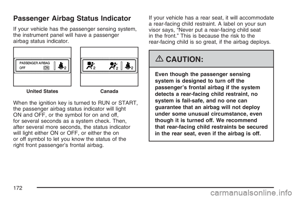 GMC SAVANA 2007  Owners Manual Passenger Airbag Status Indicator
If your vehicle has the passenger sensing system,
the instrument panel will have a passenger
airbag status indicator.
When the ignition key is turned to RUN or START,