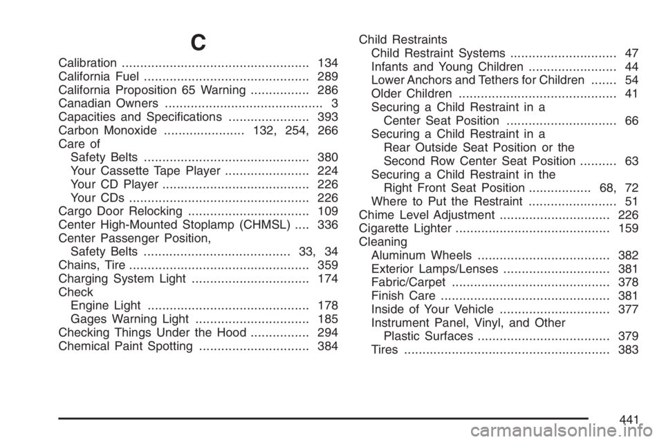 GMC SAVANA 2007 Owners Manual C
Calibration................................................... 134
California Fuel............................................. 289
California Proposition 65 Warning................ 286
Canadian Own GMC SAVANA 2007 Owners Manual C
Calibration................................................... 134
California Fuel............................................. 289
California Proposition 65 Warning................ 286
Canadian Own