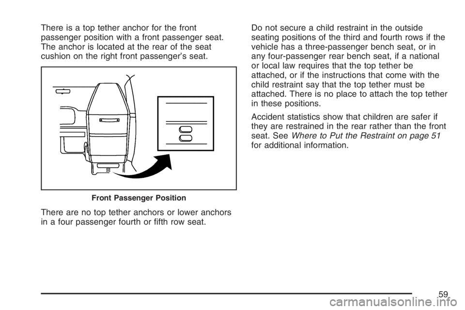 GMC SAVANA 2007 Workshop Manual There is a top tether anchor for the front
passenger position with a front passenger seat.
The anchor is located at the rear of the seat
cushion on the right front passenger’s seat.
There are no top