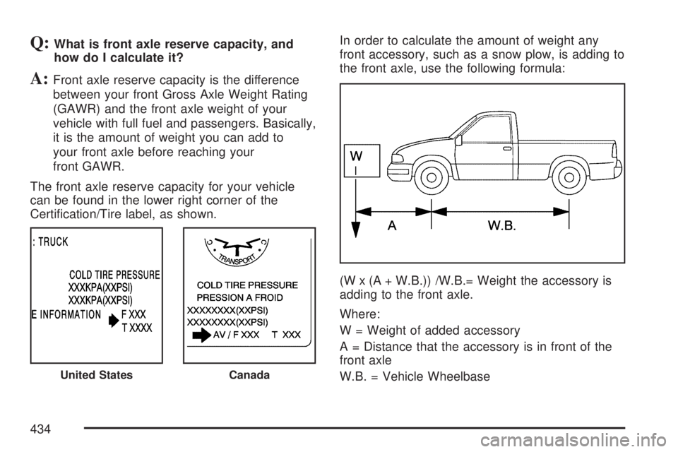 GMC SIERRA 2007 Owners Manual Q:What is front axle reserve capacity, and
how do I calculate it?
A:Front axle reserve capacity is the difference
between your front Gross Axle Weight Rating
(GAWR) and the front axle weight of your
v GMC SIERRA 2007 Owners Manual Q:What is front axle reserve capacity, and
how do I calculate it?
A:Front axle reserve capacity is the difference
between your front Gross Axle Weight Rating
(GAWR) and the front axle weight of your
v