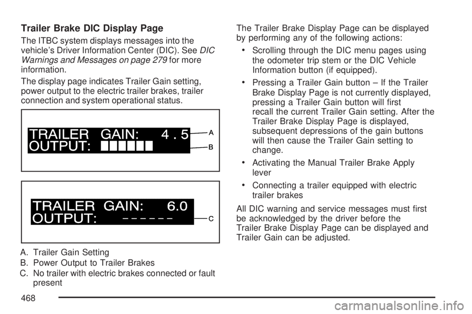 GMC SIERRA 2007  Owners Manual Trailer Brake DIC Display Page
The ITBC system displays messages into the
vehicle’s Driver Information Center (DIC). SeeDIC
Warnings and Messages on page 279for more
information.
The display page in