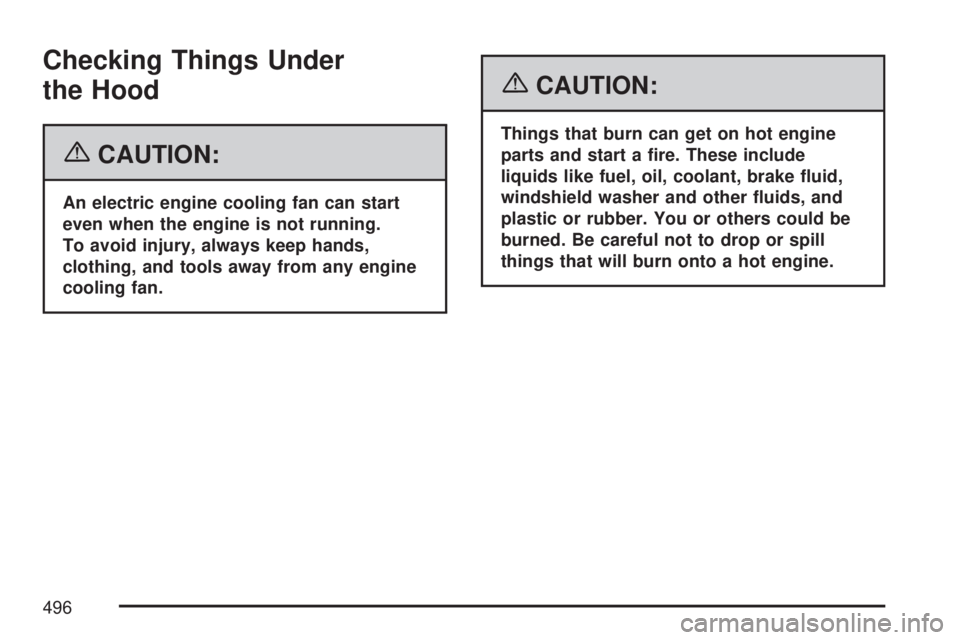 GMC SIERRA 2007  Owners Manual Checking Things Under
the Hood
{CAUTION:
An electric engine cooling fan can start
even when the engine is not running.
To avoid injury, always keep hands,
clothing, and tools away from any engine
cool