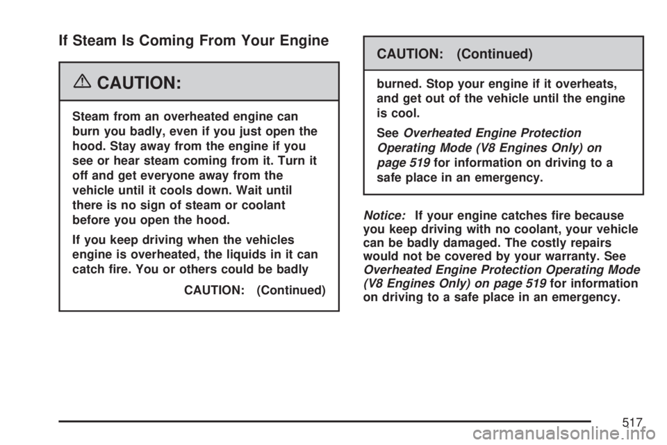 GMC SIERRA 2007  Owners Manual If Steam Is Coming From Your Engine
{CAUTION:
Steam from an overheated engine can
burn you badly, even if you just open the
hood. Stay away from the engine if you
see or hear steam coming from it. Tur