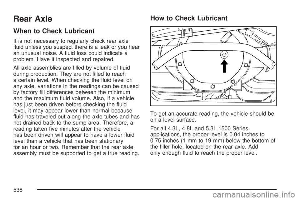 GMC SIERRA 2007  Owners Manual Rear Axle
When to Check Lubricant
It is not necessary to regularly check rear axle
�uid unless you suspect there is a leak or you hear
an unusual noise. A �uid loss could indicate a
problem. Have it i