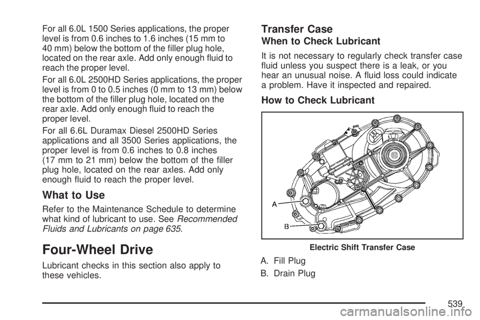 GMC SIERRA 2007  Owners Manual For all 6.0L 1500 Series applications, the proper
level is from 0.6 inches to 1.6 inches (15 mm to
40 mm) below the bottom of the �ller plug hole,
located on the rear axle. Add only enough �uid to
rea
