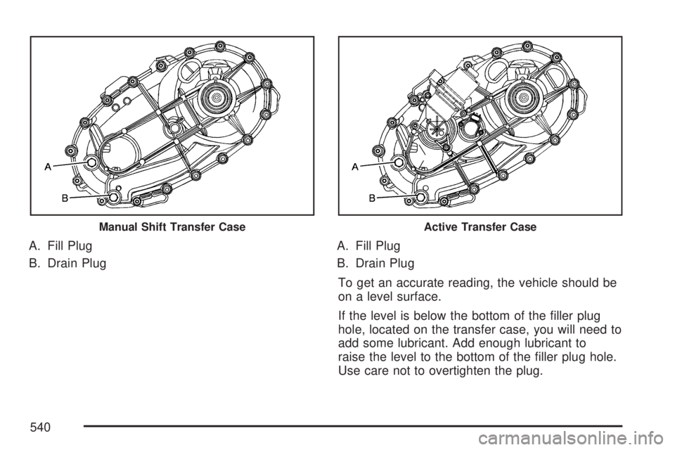 GMC SIERRA 2007  Owners Manual A. Fill Plug
B. Drain PlugA. Fill Plug
B. Drain Plug
To get an accurate reading, the vehicle should be
on a level surface.
If the level is below the bottom of the �ller plug
hole, located on the trans