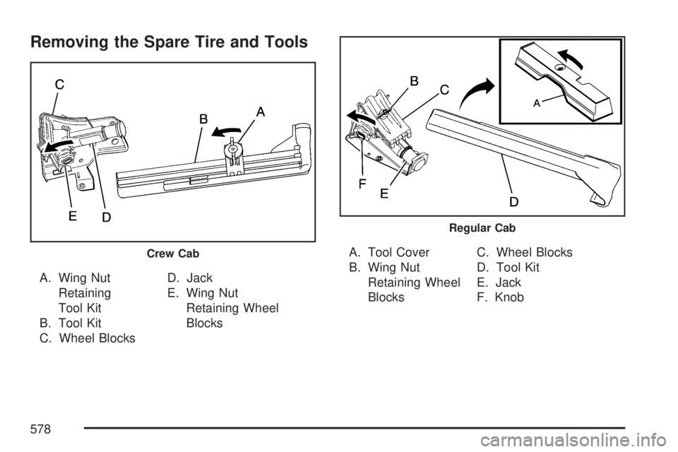 GMC SIERRA 2007  Owners Manual Removing the Spare Tire and Tools
A. Wing Nut
Retaining
Tool Kit
B. Tool Kit
C. Wheel BlocksD. Jack
E. Wing Nut
Retaining Wheel
BlocksA. Tool Cover
B. Wing Nut
Retaining Wheel
BlocksC. Wheel Blocks
D.
