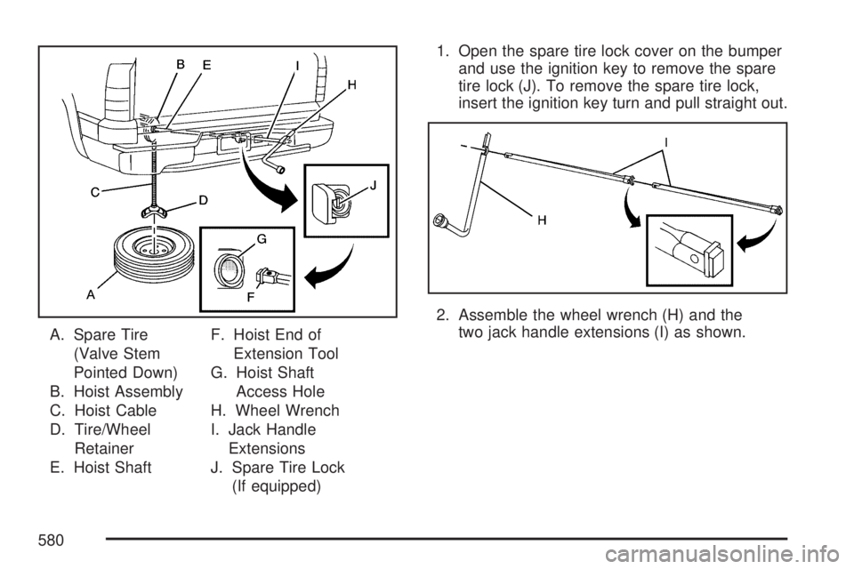 GMC SIERRA 2007  Owners Manual A. Spare Tire
(Valve Stem
Pointed Down)
B. Hoist Assembly
C. Hoist Cable
D. Tire/Wheel
Retainer
E. Hoist ShaftF. Hoist End of
Extension Tool
G. Hoist Shaft
Access Hole
H. Wheel Wrench
I. Jack Handle
E