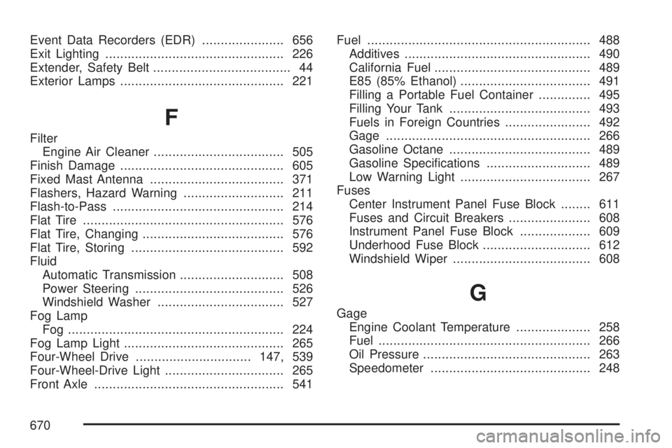 GMC SIERRA 2007  Owners Manual Event Data Recorders (EDR)...................... 656
Exit Lighting................................................ 226
Extender, Safety Belt..................................... 44
Exterior Lamps.....