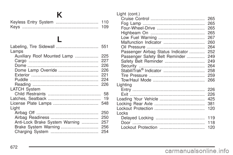 GMC SIERRA 2007  Owners Manual K
Keyless Entry System................................. 110
Keys........................................................... 109
L
Labeling, Tire Sidewall................................. 551
Lamps
Aux