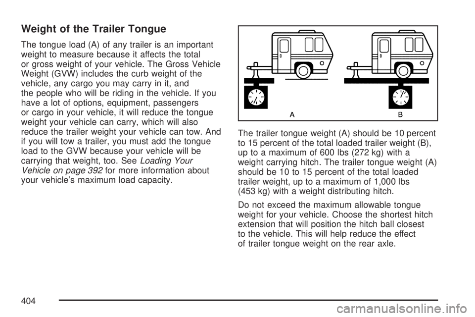 GMC YUKON 2007  Owners Manual Weight of the Trailer Tongue
The tongue load (A) of any trailer is an important
weight to measure because it affects the total
or gross weight of your vehicle. The Gross Vehicle
Weight (GVW) includes 
