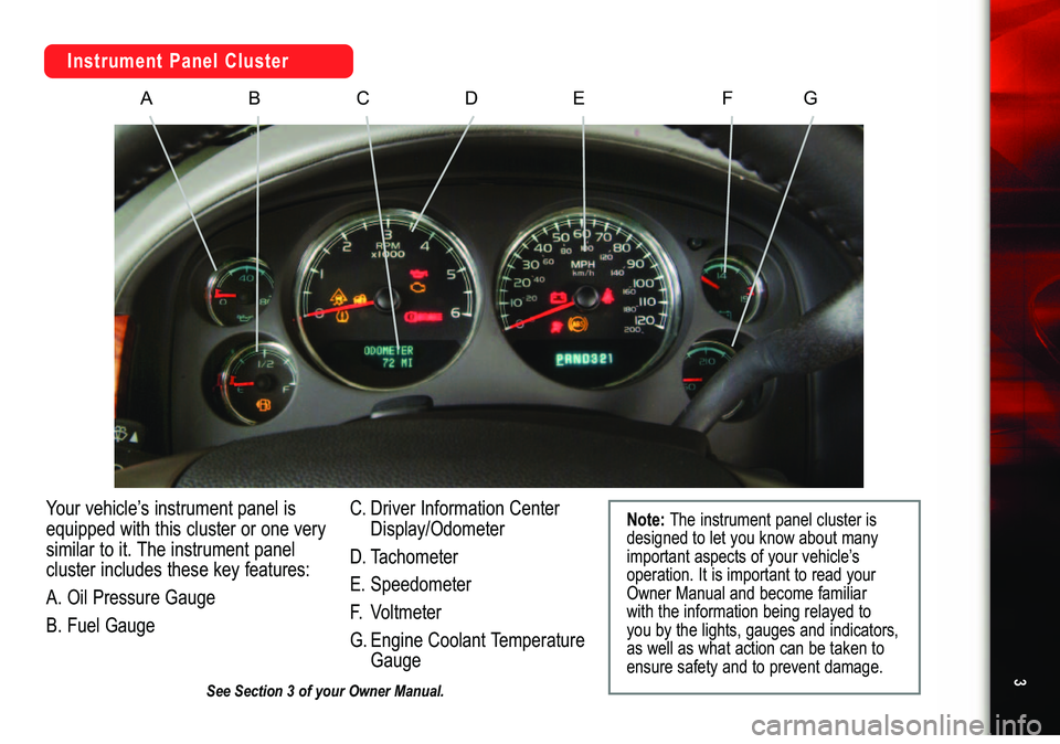 GMC YUKON 2007  Get To Know Guide 3
See Section 3 of your Owner Manual.
Instrument Panel Cluster
A
B
C
D
E
F
G
Your vehicle’s instrument panel is
equipped with this cluster or one verysimilar to it. The instrument panel
cluster incl