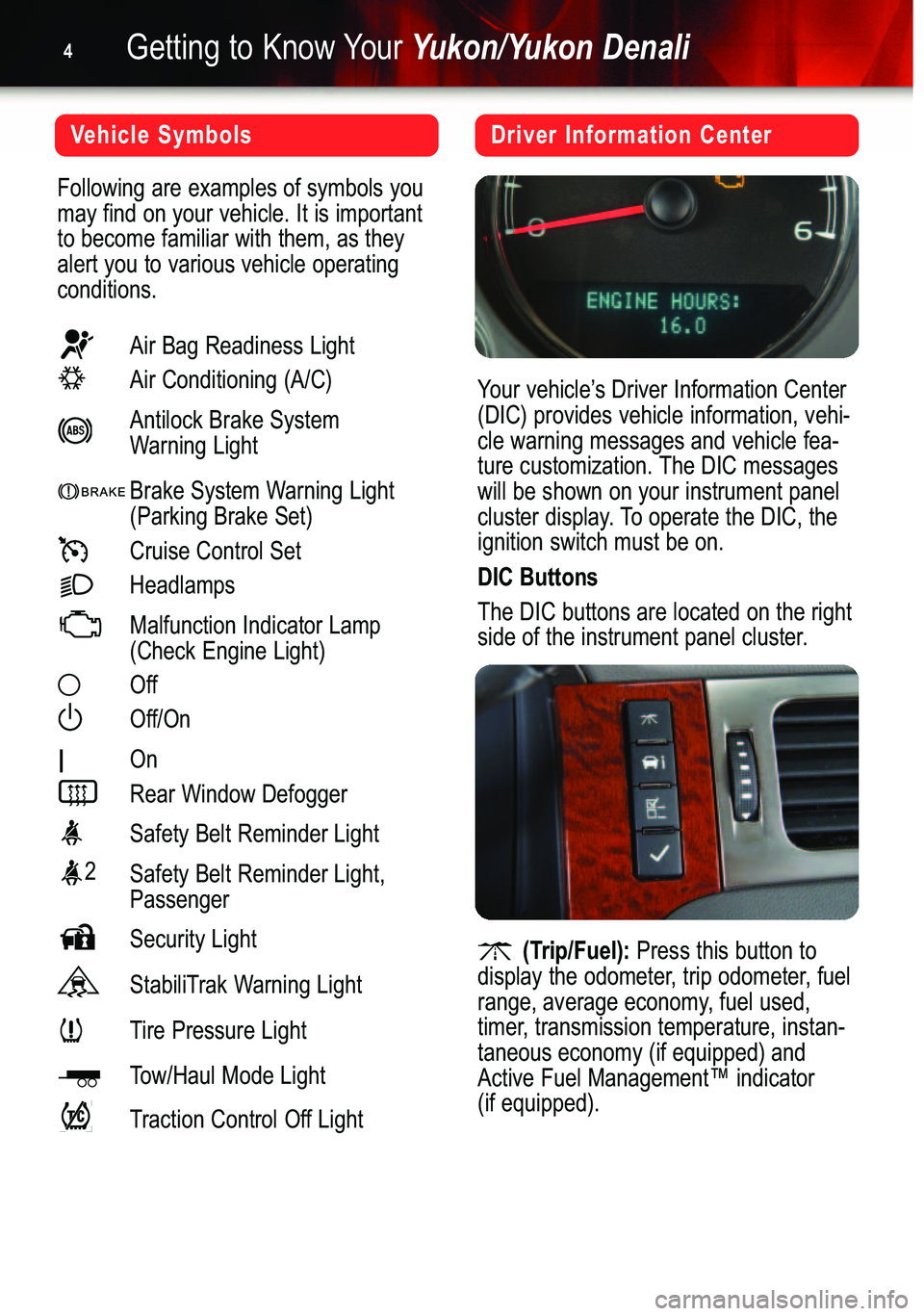 GMC YUKON 2007  Get To Know Guide Getting to Know YourYukon/Yukon Denali4
Vehicle Symbols
Following are examples of symbols you
may find on your vehicle. It is importantto become familiar with them, as theyalert you to various vehicle