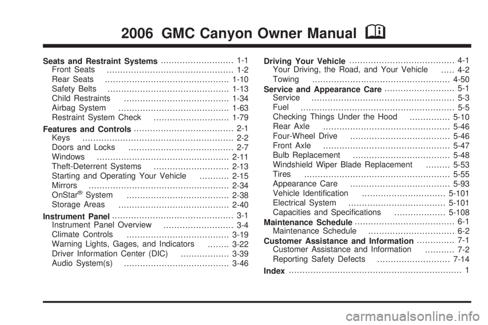 GMC CANYON 2006  Owners Manual Seats and Restraint Systems........................... 1-1
Front Seats
............................................... 1-2
Rear Seats
..............................................1-10
Safety Belts
..