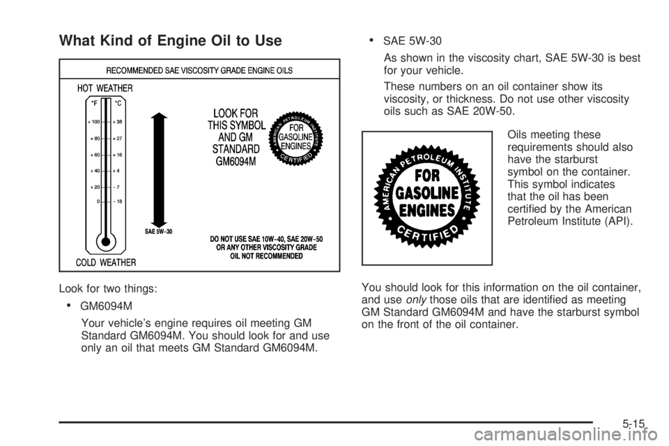 GMC CANYON 2006  Owners Manual What Kind of Engine Oil to Use
Look for two things:
GM6094M
Your vehicle’s engine requires oil meeting GM
Standard GM6094M. You should look for and use
only an oil that meets GM Standard GM6094M.

