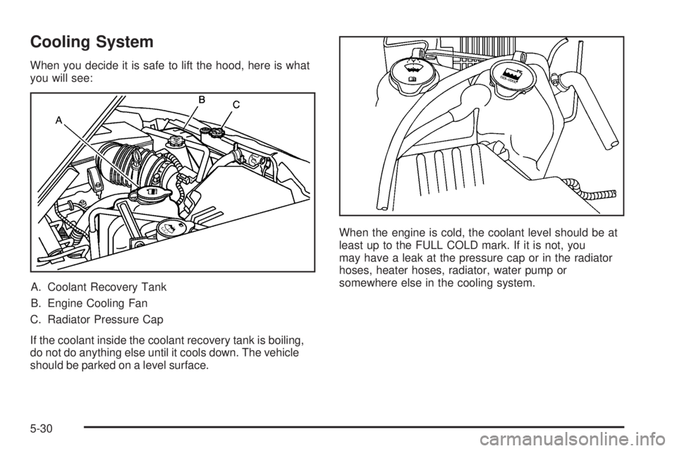 GMC CANYON 2006  Owners Manual Cooling System
When you decide it is safe to lift the hood, here is what
you will see:
A. Coolant Recovery Tank
B. Engine Cooling Fan
C. Radiator Pressure Cap
If the coolant inside the coolant recover