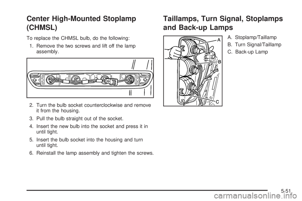 GMC CANYON 2006  Owners Manual Center High-Mounted Stoplamp
(CHMSL)
To replace the CHMSL bulb, do the following:
1. Remove the two screws and lift off the lamp
assembly.
2. Turn the bulb socket counterclockwise and remove
it from t