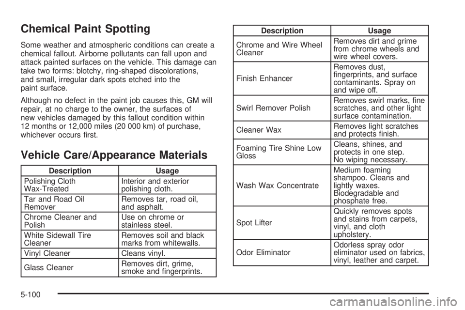 GMC CANYON 2006  Owners Manual Chemical Paint Spotting
Some weather and atmospheric conditions can create a
chemical fallout. Airborne pollutants can fall upon and
attack painted surfaces on the vehicle. This damage can
take two fo