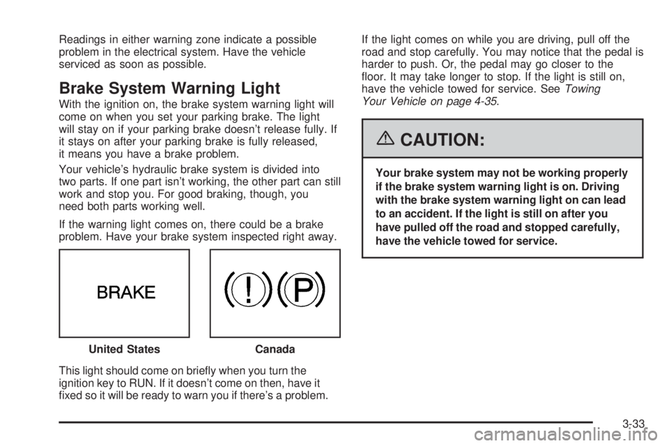 GMC SAVANA 2006 Owners Manual Readings in either warning zone indicate a possible
problem in the electrical system. Have the vehicle
serviced as soon as possible.
Brake System Warning Light
With the ignition on, the brake system w GMC SAVANA 2006 Owners Manual Readings in either warning zone indicate a possible
problem in the electrical system. Have the vehicle
serviced as soon as possible.
Brake System Warning Light
With the ignition on, the brake system w
