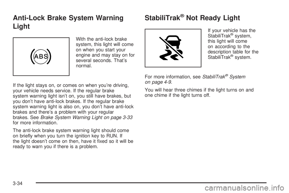 GMC SAVANA 2006 Owners Manual Anti-Lock Brake System Warning
Light
With the anti-lock brake
system, this light will come
on when you start your
engine and may stay on for
several seconds. That’s
normal.
If the light stays on, or GMC SAVANA 2006 Owners Manual Anti-Lock Brake System Warning
Light
With the anti-lock brake
system, this light will come
on when you start your
engine and may stay on for
several seconds. That’s
normal.
If the light stays on, or