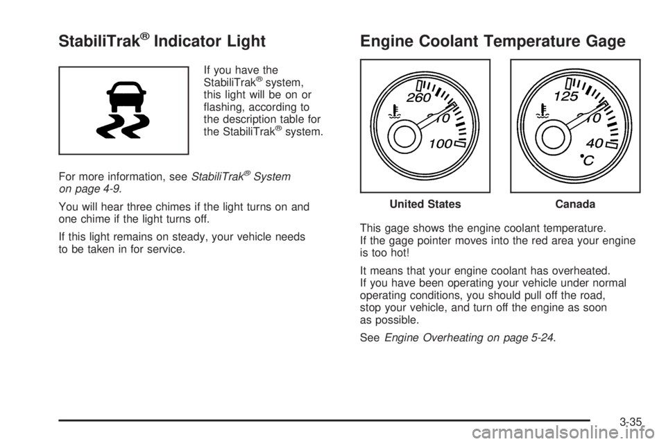 GMC SAVANA 2006  Owners Manual StabiliTrak®Indicator Light
If you have the
StabiliTrak®system,
this light will be on or
ﬂashing, according to
the description table for
the StabiliTrak
®system.
For more information, seeStabiliT