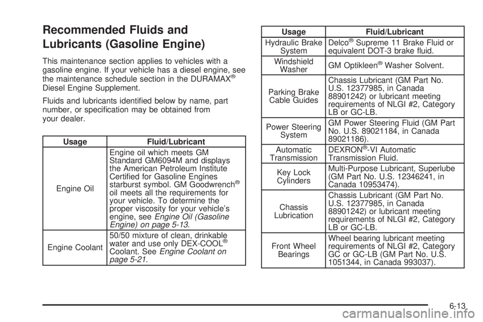 GMC SAVANA 2006  Owners Manual Recommended Fluids and
Lubricants (Gasoline Engine)
This maintenance section applies to vehicles with a
gasoline engine. If your vehicle has a diesel engine, see
the maintenance schedule section in th
