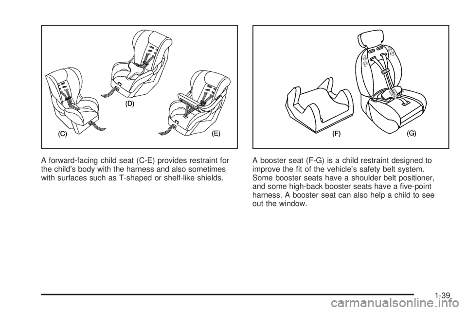 GMC SAVANA 2006  Owners Manual A forward-facing child seat (C-E) provides restraint for
the child’s body with the harness and also sometimes
with surfaces such as T-shaped or shelf-like shields.A booster seat (F-G) is a child res