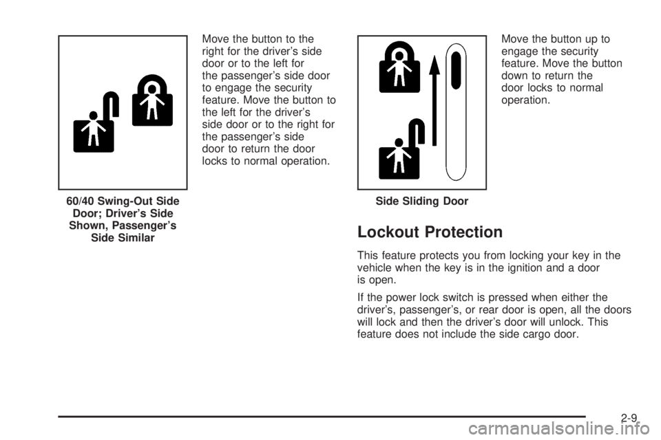 GMC SAVANA 2006 Owners Manual Move the button to the
right for the driver’s side
door or to the left for
the passenger’s side door
to engage the security
feature. Move the button to
the left for the driver’s
side door or to GMC SAVANA 2006 Owners Manual Move the button to the
right for the driver’s side
door or to the left for
the passenger’s side door
to engage the security
feature. Move the button to
the left for the driver’s
side door or to