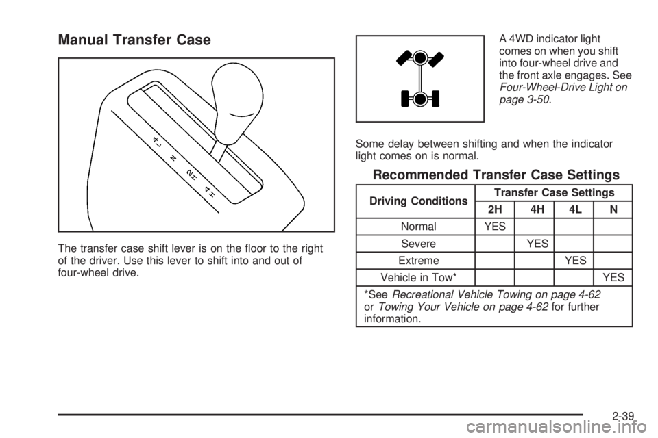 GMC SIERRA 2006  Owners Manual Manual Transfer Case
The transfer case shift lever is on the �oor to the right
of the driver. Use this lever to shift into and out of
four-wheel drive.A 4WD indicator light
comes on when you shift
int