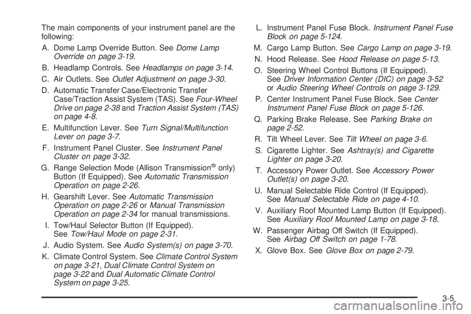 GMC SIERRA 2006  Owners Manual The main components of your instrument panel are the
following:
A. Dome Lamp Override Button. SeeDome Lamp
Override on page 3-19.
B. Headlamp Controls. SeeHeadlamps on page 3-14.
C. Air Outlets. SeeOu