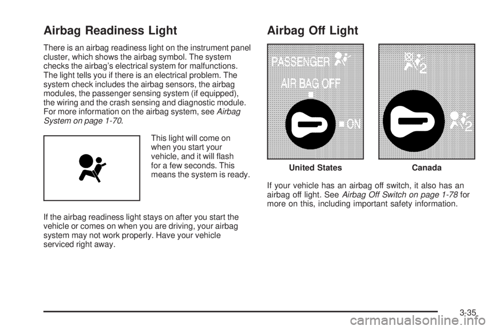 GMC SIERRA 2006 Owners Manual Airbag Readiness Light
There is an airbag readiness light on the instrument panel
cluster, which shows the airbag symbol. The system
checks the airbag’s electrical system for malfunctions.
The light GMC SIERRA 2006 Owners Manual Airbag Readiness Light
There is an airbag readiness light on the instrument panel
cluster, which shows the airbag symbol. The system
checks the airbag’s electrical system for malfunctions.
The light