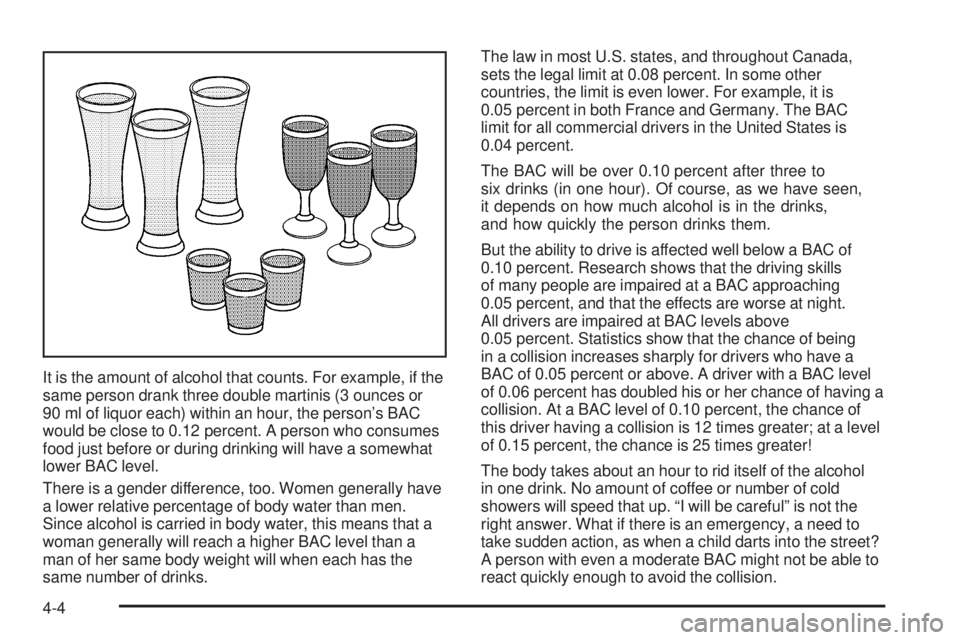 GMC SIERRA 2006  Owners Manual It is the amount of alcohol that counts. For example, if the
same person drank three double martinis (3 ounces or
90 ml of liquor each) within an hour, the person’s BAC
would be close to 0.12 percen