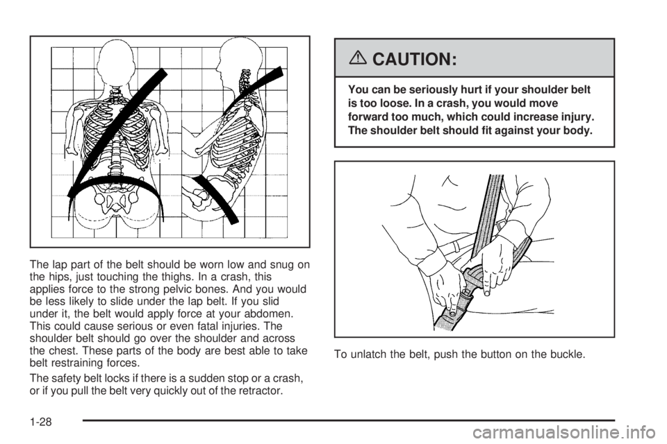 GMC SIERRA 2006 Owners Guide The lap part of the belt should be worn low and snug on
the hips, just touching the thighs. In a crash, this
applies force to the strong pelvic bones. And you would
be less likely to slide under the l