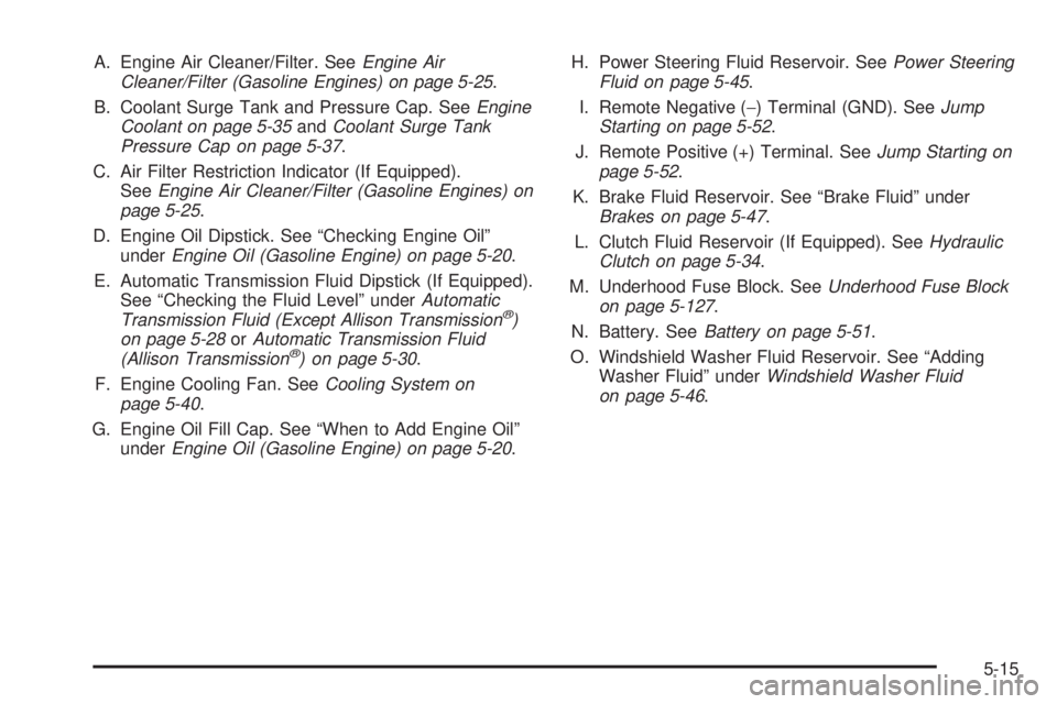 GMC SIERRA 2006  Owners Manual A. Engine Air Cleaner/Filter. SeeEngine Air
Cleaner/Filter (Gasoline Engines) on page 5-25.
B. Coolant Surge Tank and Pressure Cap. SeeEngine
Coolant on page 5-35andCoolant Surge Tank
Pressure Cap on 