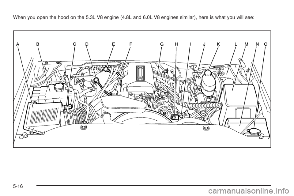 GMC SIERRA 2006  Owners Manual When you open the hood on the 5.3L V8 engine (4.8L and 6.0L V8 engines similar), here is what you will see:
5-16 