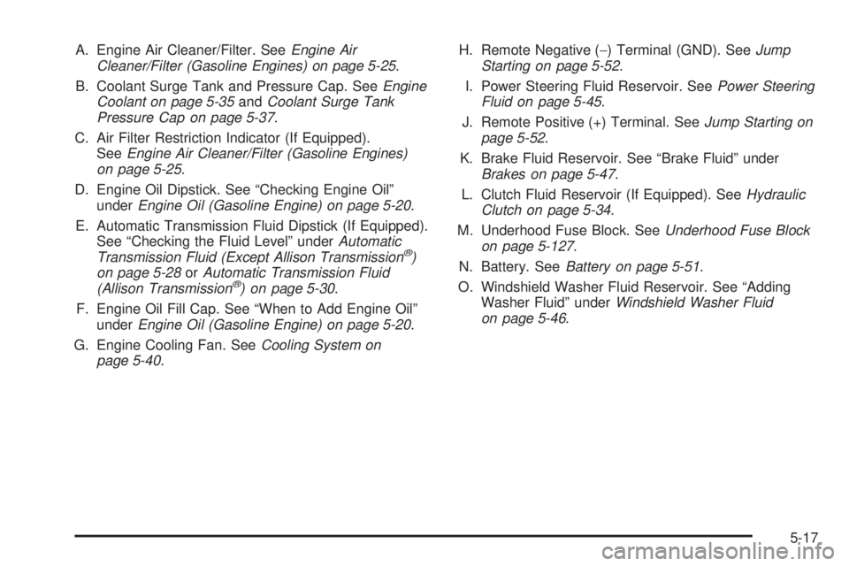 GMC SIERRA 2006  Owners Manual A. Engine Air Cleaner/Filter. SeeEngine Air
Cleaner/Filter (Gasoline Engines) on page 5-25.
B. Coolant Surge Tank and Pressure Cap. SeeEngine
Coolant on page 5-35andCoolant Surge Tank
Pressure Cap on 