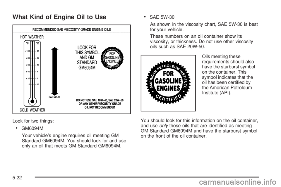 GMC SIERRA 2006 Owners Manual What Kind of Engine Oil to Use
Look for two things:
GM6094M
Your vehicle’s engine requires oil meeting GM
Standard GM6094M. You should look for and use
only an oil that meets GM Standard GM6094M.
GMC SIERRA 2006 Owners Manual What Kind of Engine Oil to Use
Look for two things:
GM6094M
Your vehicle’s engine requires oil meeting GM
Standard GM6094M. You should look for and use
only an oil that meets GM Standard GM6094M.
