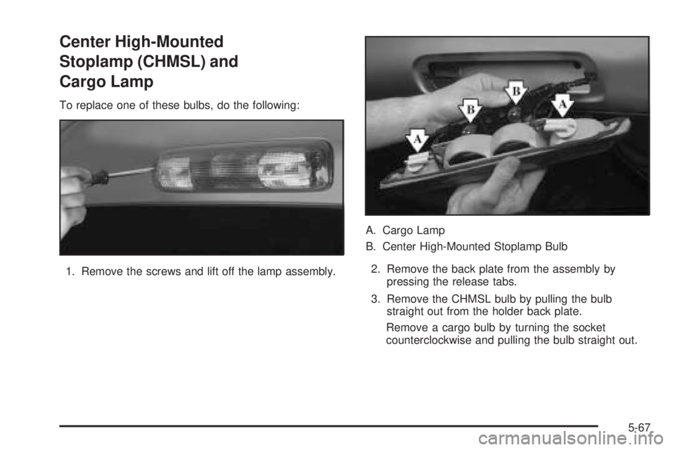 GMC SIERRA 2006  Owners Manual Center High-Mounted
Stoplamp (CHMSL) and
Cargo Lamp
To replace one of these bulbs, do the following:
1. Remove the screws and lift off the lamp assembly.A. Cargo Lamp
B. Center High-Mounted Stoplamp B