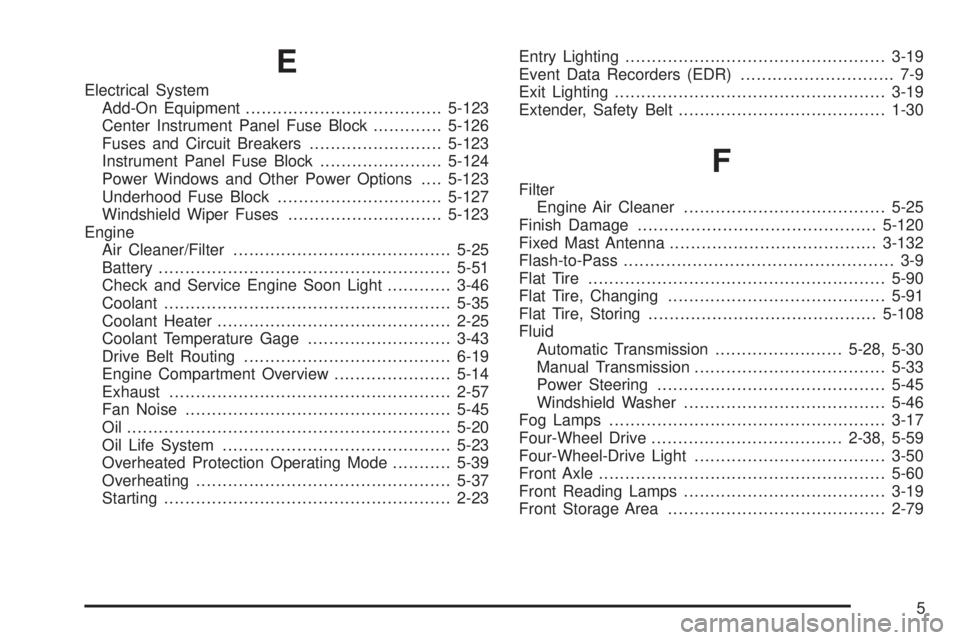 GMC SIERRA 2006  Owners Manual E
Electrical System
Add-On Equipment.....................................5-123
Center Instrument Panel Fuse Block.............5-126
Fuses and Circuit Breakers.........................5-123
Instrument 