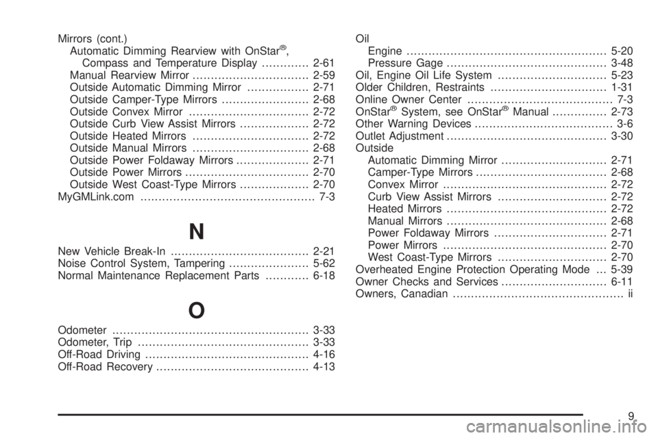 GMC SIERRA 2006 User Guide Mirrors (cont.)
Automatic Dimming Rearview with OnStar®,
Compass and Temperature Display.............2-61
Manual Rearview Mirror................................2-59
Outside Automatic Dimming Mirror..