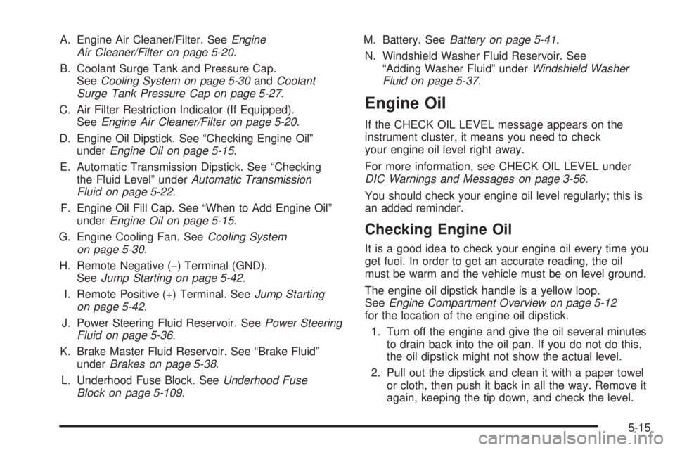 GMC YUKON 2006  Owners Manual A. Engine Air Cleaner/Filter. SeeEngine
Air Cleaner/Filter on page 5-20.
B. Coolant Surge Tank and Pressure Cap.
SeeCooling System on page 5-30andCoolant
Surge Tank Pressure Cap on page 5-27.
C. Air F