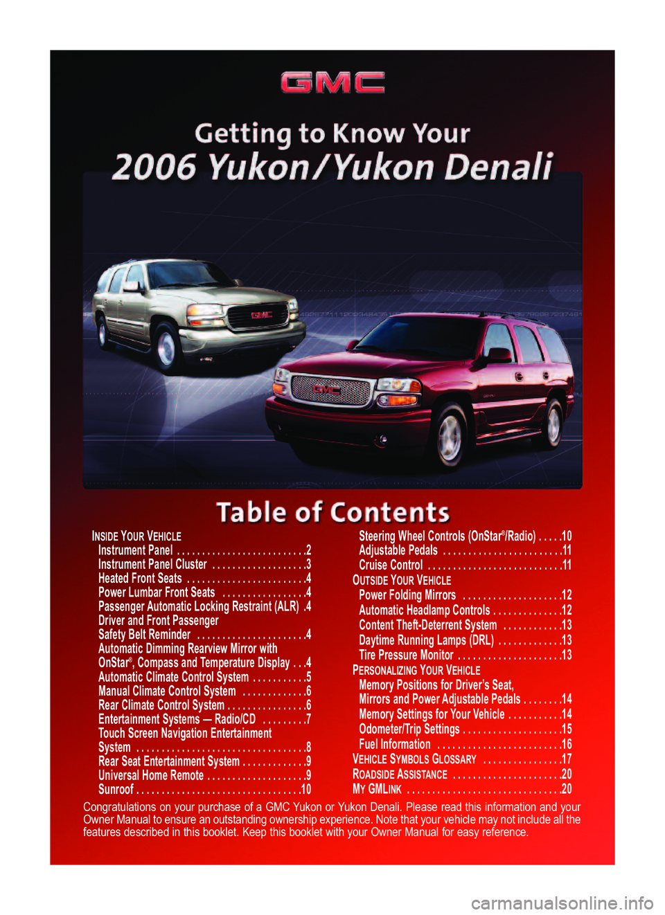 GMC YUKON 2006  Get To Know Guide INSIDEYOURVEHICLEInstrument Panel . . . . . . . . . . . . . . . . . . . . . . . . . .2
Instrument Panel Cluster  . . . . . . . . . . . . . . . . . . .3
Heated Front Seats . . . . . . . . . . . . . . .