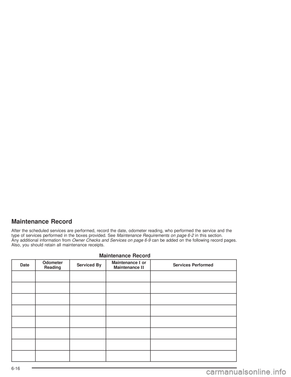 GMC CANYON 2005  Owners Manual Maintenance Record
After the scheduled services are performed, record the date, odometer reading, who performed the service and the
type of services performed in the boxes provided. SeeMaintenance Req