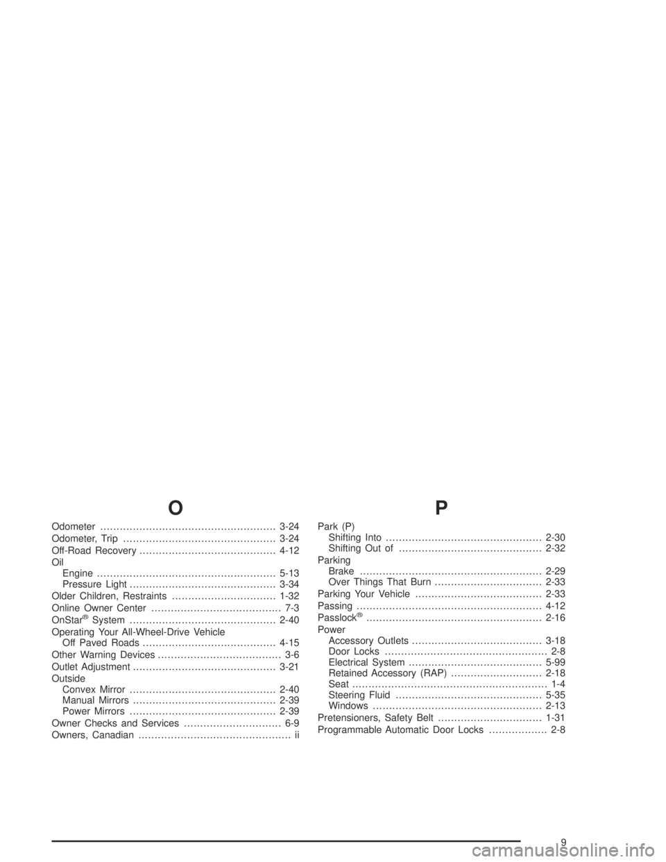 GMC CANYON 2005  Owners Manual O
Odometer......................................................3-24
Odometer, Trip...............................................3-24
Off-Road Recovery..........................................4-12
O