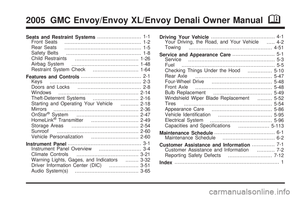 GMC ENVOY 2005  Owners Manual Seats and Restraint Systems........................... 1-1
Front Seats
............................................... 1-2
Rear Seats
............................................... 1-5
Safety Belts
.