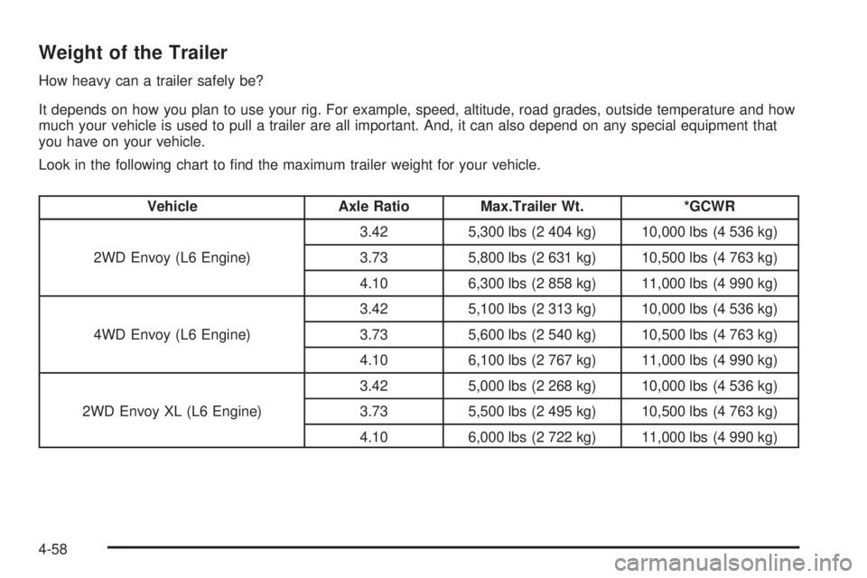 GMC ENVOY 2005  Owners Manual Weight of the Trailer
How heavy can a trailer safely be?
It depends on how you plan to use your rig. For example, speed, altitude, road grades, outside temperature and how
much your vehicle is used to