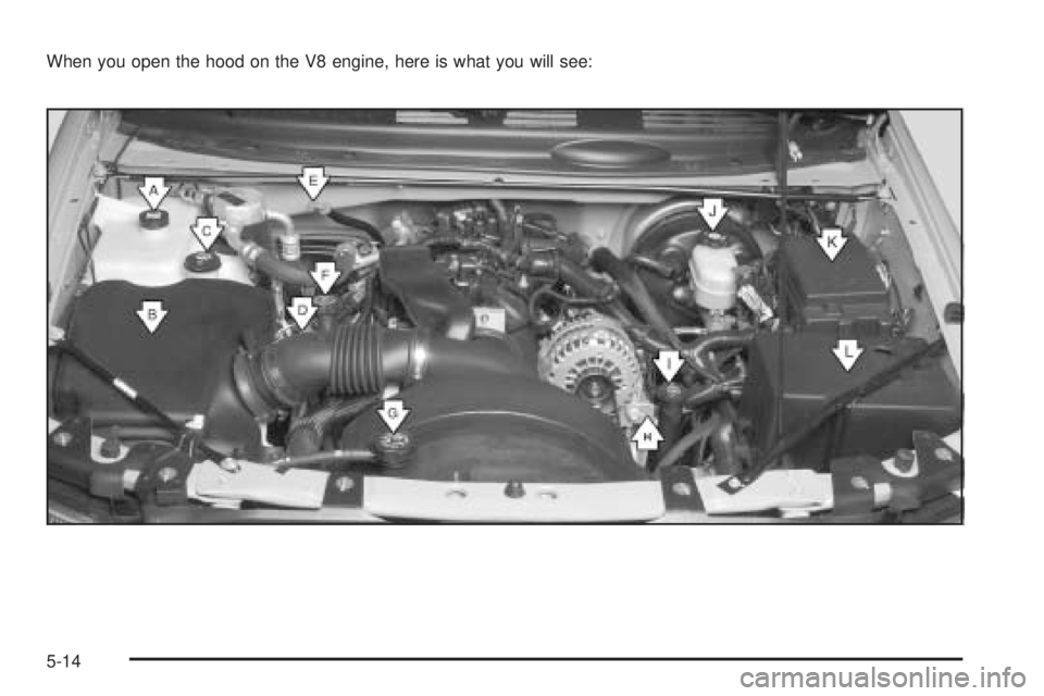 GMC ENVOY XUV 2005  Owners Manual When you open the hood on the V8 engine, here is what you will see:
5-14 